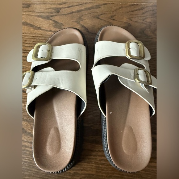 Women's White Birkenstock Style Sandals with Gold Buckles - Picture 2 of 3
